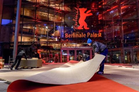 Laying of the red carpet which was produced this year in an environmentally friendly way in front of the Berlinale Palast at Potsdamer Platz on the occasion of the 69th International Film Festival Berlin snapshot photography F Boillot