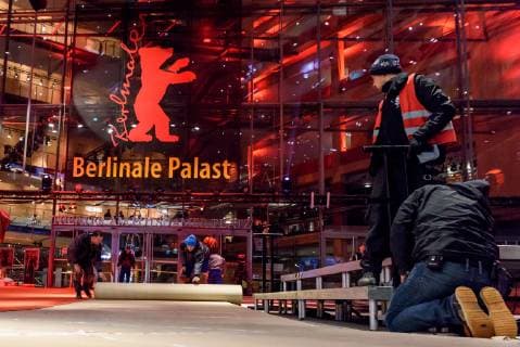 Laying of the red carpet which was produced this year in an environmentally friendly way in front of the Berlinale Palast at Potsdamer Platz on the occasion of the 69th International Film Festival Berlin snapshot photography F Boillot
