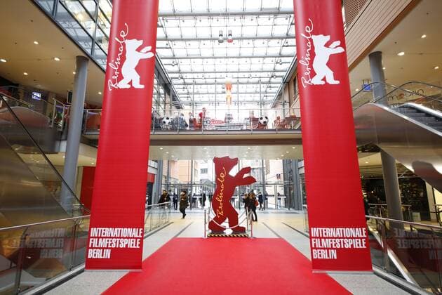 Berlinale banners and a bear figure in the shopping centre Potsdamer Platz Arcaden in front of the Berlinale on 05 02 2019 in Berlin