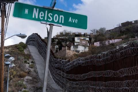 February 6, 2019 - Nogales, United States - Concertina wire, recently added by U.S. Army troops, is seen covering the U.S.-Mexico border wall in Nogales, Arizona on February 6, 2019. Troops began adding additional rows of wire to downtown Nogales this past Saturday and have continued to add more rows this week in and around Nogales while local officials are asking for the wire to be removed. Nogales United States  - ZUMAn230 20190206_zaa_n230_818 Copyright: xMaxxHermanx