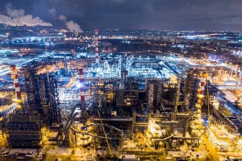 MOSCOW, RUSSIA â€“ FEBRUARY 7, 2019: A night view of the Gazprom Neft Moscow oil refinery in Kapotnya. Sergei Bobylev TASS  TS0A05A9