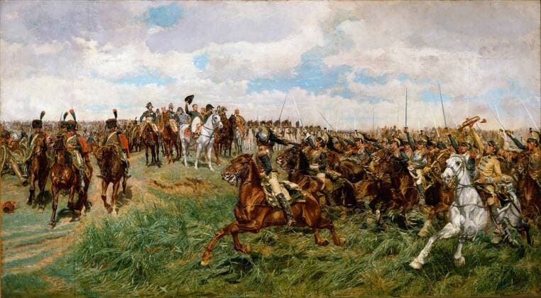 1807, Friedland, ca. 1861–75, Oil on canvas, 53 1 2 x 95 1 2 in. (135.9 x 242.6 cm), Paintings, Ernest Meissonier (French, Lyons 1815–1891 Paris), This work, the largest and most ambitious painting by an artist renowned for meticulously rendered cabinet pictures, evokes one of Napoleon Bonaparte’s greatest victories. Meissonier made hundreds of preparatory studies for it, including drawings and sculptural models Copyright: Artokoloro AM170720_100102