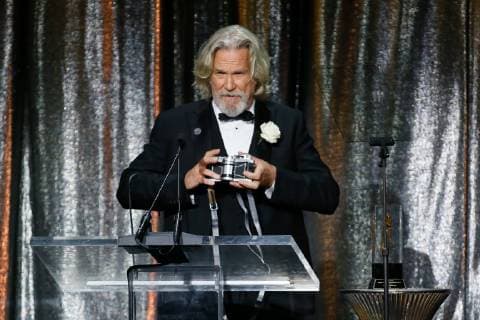 ASC Board of Governors Award honoree Jeff Bridges uses a Widelux panoramic camera to take a photo of the crowd as he accepts his award at the 33rd annual ASC Awards and The American Society of Cinematographers 100th Anniversary Celebration at the Ray Dolby Ballroom at Hollywood & Highland, Saturday, February 9, 2019 in Hollywood, California. Photo by Danny Moloshok Moloshok Photography, Inc. imageSPACE MediaPunch Copyright: ximageSPACEx