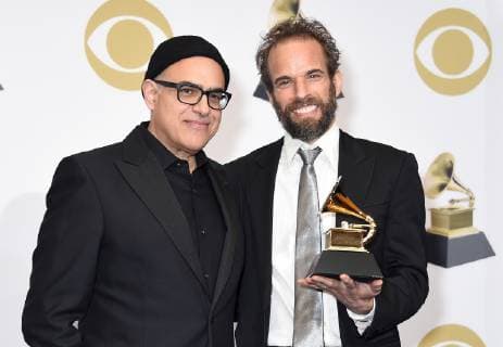 David Yazbek (L) and Dean Sharenow appear backstage with their award for Best Musical Theater Album for The Band s Visit, during the 61st annual Grammy Awards held at Staples Center in Los Angeles on February 10, 2019.  LAP2019021068 GREGGxDEGUIRE