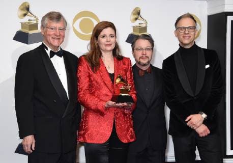 (L-R) Bill Ferris, April Ledbetter, Steven Ledbetter, and Michael Graves appear backstage with their award for Best Historical Album for Voices Of Mississippi: Artists And Musicians Documented By William Ferris , during the 61st annual Grammy Awards held at Staples Center in Los Angeles on February 10, 2019.  LAP2019021076 GREGGxDEGUIRE