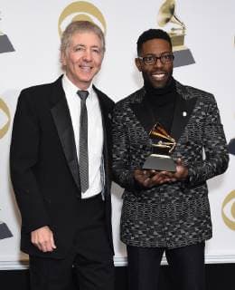Randy Waldman (L) and Justin Wilson appear backstage with their award for Best Arrangement, Instruments And Vocals for Spiderman Theme , during the 61st annual Grammy Awards held at Staples Center in Los Angeles on February 10, 2019.  LAP2019021079 GREGGxDEGUIRE
