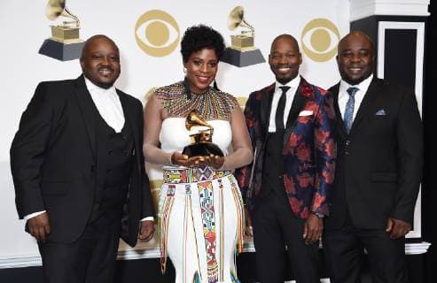 Soweto Gospel Choir appear backstage with their award for Best World Music Album for Freedom, during the 61st annual Grammy Awards held at Staples Center in Los Angeles on February 10, 2019.  LAP2019021096 GREGGxDEGUIRE