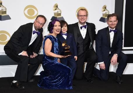 Lucy Kalantari & the Jazz Cats appears backstage with their award for Best Children s Album for All The Sounds, during the 61st annual Grammy Awards held at Staples Center in Los Angeles on February 10, 2019.  LAP20190210147 GREGGxDEGUIRE
