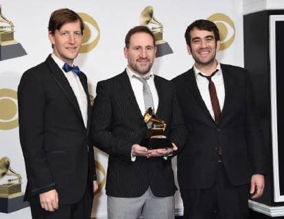 (L-R) Chris Eldridge, Gabe Witcher, and Noam Pikelny of Punch Brothers appear backstage with their award for Best Folk Album for All Ashore, during the 61st annual Grammy Awards held at Staples Center in Los Angeles on February 10, 2019.  LAP20190210148 GREGGxDEGUIRE