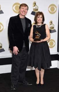 (L-R) Tim Handley and JoAnn Falletta appear backstage with their award for Best Classical Compendium for Fuchs: Piano Concerto Spiritualist ; Poems Of Life; Glacier; Rush , during the 61st annual Grammy Awards held at Staples Center in Los Angeles on February 10, 2019.  LAP20190210186 GREGGxDEGUIRE