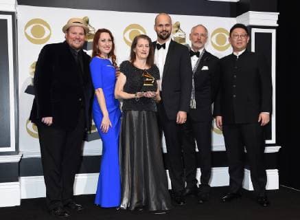 Winners of Best Opera Recording appear backstage with the award for Bates: The (R)evolution Of Steve Jobs during the 61st annual Grammy Awards held at Staples Center in Los Angeles on February 10, 2019.  LAP20190210188 GREGGxDEGUIRE