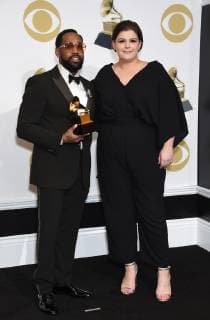 PJ Morton (L) and Yebba appear backstage with their award for Best Traditional R&B Performance for How Deep Is Your Love, during the 61st annual Grammy Awards held at Staples Center in Los Angeles on February 10, 2019.  LAP20190210466 GREGGxDEGUIRE