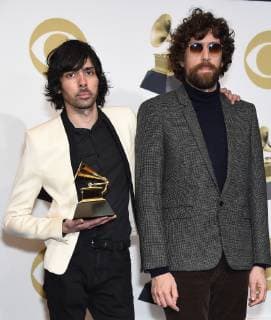 (L-R) Xavier de Rosnay and Gaspard Auge of Justice appear backstage with their award for Best Dance electronic Album for Woman Worldwide , during the 61st annual Grammy Awards held at Staples Center in Los Angeles on February 10, 2019.  LAP20190210473 GREGGxDEGUIRE