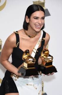 Dua Lipa appears backstage with her awards for Best New Artist and Best Dance Recording for Electricity, during the 61st annual Grammy Awards held at Staples Center in Los Angeles on February 10, 2019.  LAP201902101024 GREGGxDEGUIRE