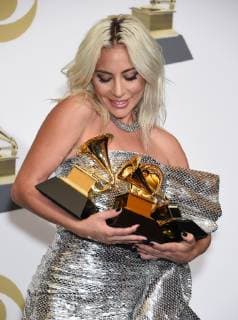 Lady Gaga appears backstage with her awards for Best Song Written for Visual Media for Shallow, Best Pop Duo Group Performance with Bradley Cooper, and Best Pop Solo Performance for Joanne (Where Do You Think You re Goin ? during the 61st annual Grammy Awards held at Staples Center in Los Angeles on February 10, 2019.  LAP201902101072 GREGGxDEGUIRE