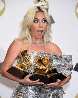Lady Gaga appears backstage with her awards for Best Song Written for Visual Media for Shallow, Best Pop Duo Group Performance with Bradley Cooper, and Best Pop Solo Performance for Joanne (Where Do You Think You re Goin ? during the 61st annual Grammy Awards held at Staples Center in Los Angeles on February 10, 2019.  LAP201902101074 GREGGxDEGUIRE