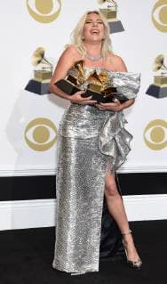 Lady Gaga appears backstage with her awards for Best Song Written for Visual Media for Shallow, Best Pop Duo Group Performance with Bradley Cooper, and Best Pop Solo Performance for Joanne (Where Do You Think You re Goin ? during the 61st annual Grammy Awards held at Staples Center in Los Angeles on February 10, 2019.  LAP201902101069 GREGGxDEGUIRE