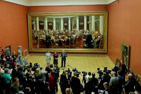 ST PETERSBURG, RUSSIA - FEBRUARY 11, 2019: Russian Museum officials talk to journalists at Mikhailovsky Castle (St Michael s Castle) about the plans to lend a painting by Ilya Repin, Ceremonial meeting of the State Council of 7 May 1901 on the day of the Centenary of its Establishment , to Moscow s Tretyakov Gallery for an exhibition marking Ilya Repin s 175th birthday anniversary. Peter Kovalev TASS  TS0A08E8