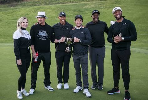 February 11, 2019 - Brentwood, California, United States of America - (L-R) Paige Spiranac, Kid Rock, Tiger Woods, Mark Wahlberg, Jerry Rice and Reggie Bush win the Inaugural Celebrity Cup at the Riviera Country Club in Brentwood, California on Monday February 11, 2019. Tiger Woods and Fred Couples were captains. JAVIER ROJAS PI Brentwood United States of America - ZUMAp124 20190211_zaa_p124_038 Copyright: xJavierxRojas Pix