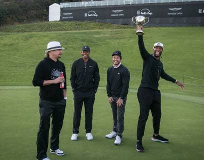 February 11, 2019 - Brentwood, California, United States of America - Kid Rock, Tiger Woods, Mark Wahlberg and Reggie Bush raises the Inaugural Celebrity Cup at the Riviera Country Club in Brentwood, California on Monday February 11, 2019. Tiger Woods and Fred Couples were captains. JAVIER ROJAS PI Brentwood United States of America - ZUMAp124 20190211_zaa_p124_039 Copyright: xJavierxRojas Pix