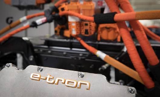 Illustration picture shows e-tron logo during a visit of the Belgian king to the Audi production plant in Vorst- Forest, Brussels, Tuesday 12 February 2019.  BENOITxDOPPAGNE 05529108