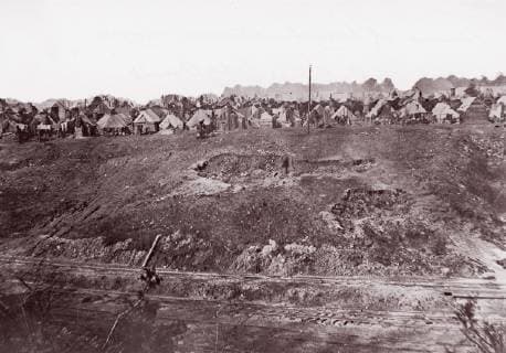 Camp of Construction Corps, U.S. Military Railroad at City Point, 1861–65, Albumen silver print from glass negative, 14.4 x 20.8 cm (5 11 16 x 8 3 16 in. ), Photographs, Andrew Joseph Russell (American, 1830–1902)  Copyright: Artokoloro AM170720_063613