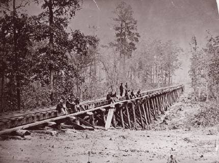 Bridge. U.S. Military Railroad at City Point, 1861–65, Albumen silver print from glass negative, 16.4 x 21.3 cm (6 7 16 x 8 3 8 in.), Photographs, Attributed to Andrew Joseph Russell (American, 1830–1902)  Copyright: Artokoloro AM170720_063749