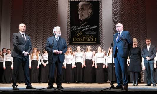 Spanish opera singer Placido Domingo (C) is seen on stage at the Pyotr Tchaikovsky National Music Academy of Ukraine (NMAU) in Kyiv, capital of Ukraine, February 14, 2019. Ukrinform. Placido Domingo becomes honorary professor of Ukraine s Music Academy  Copyright: xDanilxShamkinx