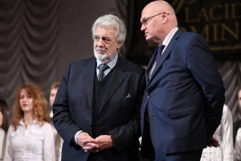 Spanish opera singer Placido Domingo (L) visits the Pyotr Tchaikovsky National Music Academy of Ukraine (NMAU) in Kyiv, capital of Ukraine, February 14, 2019. Ukrinform. Placido Domingo becomes honorary professor of Ukraine s Music Academy  Copyright: xDanilxShamkinx