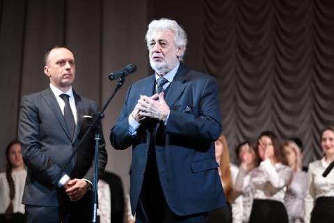 Spanish opera singer Placido Domingo addresses the audience during his visit to the Pyotr Tchaikovsky National Music Academy of Ukraine (NMAU) in Kyiv, capital of Ukraine, February 14, 2019. Ukrinform. Placido Domingo becomes honorary professor of Ukraine s Music Academy  Copyright: xDanilxShamkinx