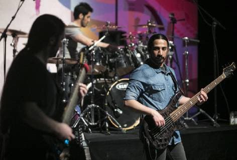 (190216) -- TEHRAN, Feb. 16, 2019 -- Members of an Iranian rock band perform at a concert during the 34th Fajr International Music Festival in Tehran, Iran, Feb. 15, 2019. Ahmad Halabisaz) IRAN-TEHRAN-FAJR MUSIC FESTIVAL ROUELLExUMALI 
