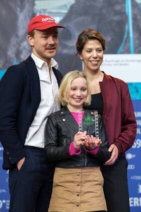 Actress Helena Zengel Director Nora Fingscheidt and actor Albrecht Schuch with the Prize of the Readers Jury of the Berliner Morgenpost for the film SYSTEMSPRENGER on the occasion of the award ceremony of the 69 International Film Festival Berlin snapshot photography xSeeliger