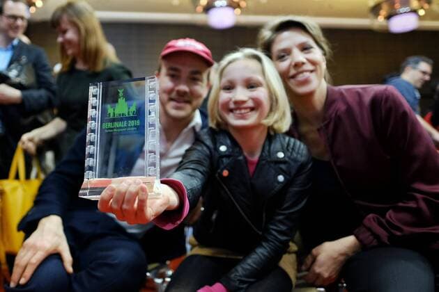 Actress Helena Zengel Director Nora Fingscheidt and actor Albrecht Schuch with the Prize of the Readers Jury of the Berliner Morgenpost for the film SYSTEMSPRENGER on the occasion of the award ceremony of the 69 International Film Festival Berlin snapshot photography xSeeliger