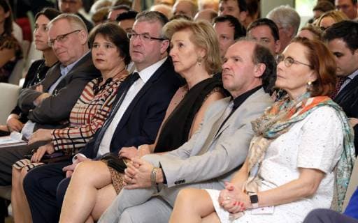 L-R, Federation Wallonia - Brussels Minister of Culture, Permanent Education and Childhood Alda Greoli, Walloon vice-minister president and minister of Economy, Employment and Formation Pierre-Yves Jeholet, Princess Astrid of Belgium, Flemish Minister of Employment, Economy, Innovation, Science Policy and Sports Philippe Muyters and Flanders Investment and Trade General Manager Claire Tillekaerts pictured at a briefing after the arrival of the Belgian delegation in Mexico city, Sunday 17 February 2019. Several federal and regional ministers accompany the princess on a economic mission to Mexico from 17 to 24 February. ERICxLALMAND 05532817