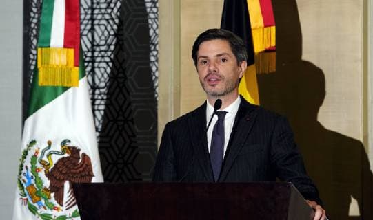 Ambassador of Belgium to Mexico, Antoine Evrard pictured at a briefing after the arrival of the Belgian delegation in Mexico city, Sunday 17 February 2019. Several federal and regional ministers accompany the princess on a economic mission to Mexico from 17 to 24 February.  ERICxLALMAND 05532810