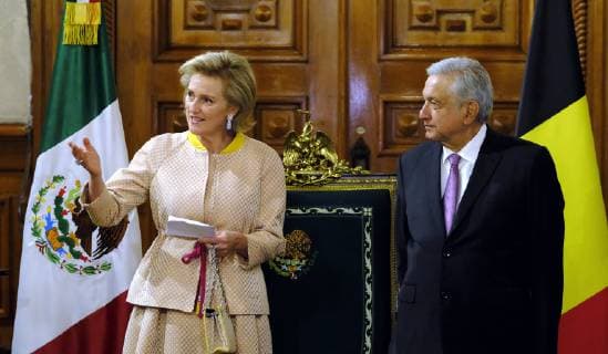 Princess Astrid of Belgium and President of Mexico, Andres Manuel Lopez Obrador pictured during a meeting at the presidential palace on the second day of a Belgian economic mission to Mexico, Monday 18 February 2019. Several federal and regional ministers accompany the princess on an economic mission to Mexico from 17 to 24 February.  ERICxLALMAND 05533342