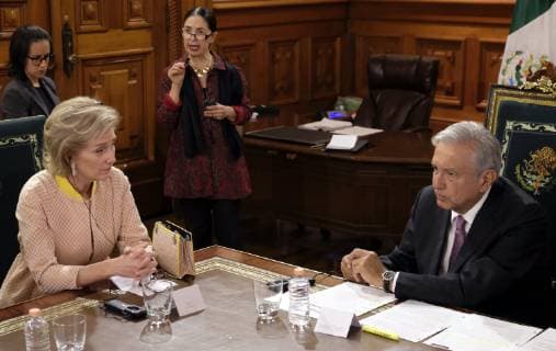 Princess Astrid of Belgium and President of Mexico Andres Manuel Lopez Obrador pictured during on the second day of a Belgian economic mission to Mexico, Monday 18 February 2019. Several federal and regional ministers accompany the princess on an economic mission to Mexico from 17 to 24 February.  ERICxLALMAND 05533371