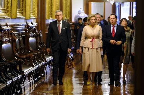 Vice-Prime Minister and Minister of Employment, Economy, Consumer Affairs and equal chances Kris Peeters and Princess Astrid of Belgium pictured during on the second day of a Belgian economic mission to Mexico, Monday 18 February 2019. Several federal and regional ministers accompany the princess on an economic mission to Mexico from 17 to 24 February.  ERICxLALMAND 05533372