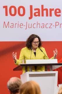 The SPD Bundestag faction celebrates 100 years of womens suffrage in Germany Berlin 18 02 2019 The SPD Bundestag faction celebrates 100 years of womens suffrage in Germany Berlin 18 02 2019 The SPD Bundestag faction celebrates 100 years of womens suffrage - Our goal is parity and the awarding of the Marie Juchacz Prize 2019 The picture shows Andrea Nahles, Chairwoman of the SPD Bundestag faction Federal Minister of Labour and Social Affairs Ber