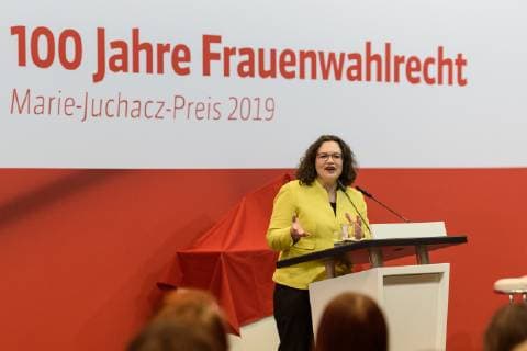 The SPD Bundestag faction celebrates 100 years of womens suffrage in Germany Berlin 18 02 2019 The SPD Bundestag faction celebrates 100 years of womens suffrage in Germany Berlin 18 02 2019 The SPD Bundestag faction celebrates 100 years of womens suffrage - Our goal is parity and the awarding of the Marie Juchacz Prize 2019 The picture shows Andrea Nahles, Chairwoman of the SPD Bundestag faction Federal Minister of Labour and Social Affairs Ber