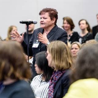 The SPD Bundestag faction celebrates 100 years of womens suffrage in Germany Berlin 18 02 2019 Event of the SPD Bundestag faction on 100 years of womens suffrage - Our goal is parity and the awarding of the Marie Juchacz Prize 2019 In the picture Ines Schmidt Die Linke asks a question to the podium Berlin Bundestag Berlin Germany