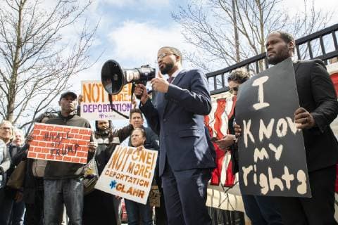 February 18, 2019 - Atlanta, GA, U.S - One hundred demonstrators gathered at the Atlanta field office of U.S. Immigration and Customs Enforcement to protest againt President Trump s declaration of a national emergency in order to fund a wall along the U.S. Mexico border. The protest was part of a nationwide series of protests organized by MoveOn.org, and was locally supported by organizations such as the Georgia Alliance for Social Justice, the ACLU, and Project South. Pictured is EDWARD AHMED MITCHELL from the Council on American-Islamic Relations addressing the crowd. Atlanta U.S. - ZUMAe86_ 20190218_zap_e86_010 Copyright: xStevexEberhardtx
