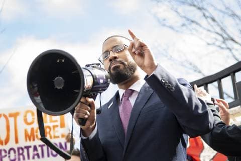 February 18, 2019 - Atlanta, GA, U.S - One hundred demonstrators gathered at the Atlanta field office of U.S. Immigration and Customs Enforcement to protest againt President Trump s declaration of a national emergency in order to fund a wall along the U.S. Mexico border. The protest was part of a nationwide series of protests organized by MoveOn.org, and was locally supported by organizations such as the Georgia Alliance for Social Justice, the ACLU, and Project South. Pictured is EDWARD AHMED MITCHELL from the Council on American-Islamic Relations addressing the crowd. Atlanta U.S. - ZUMAe86_ 20190218_zap_e86_015 Copyright: xStevexEberhardtx