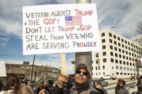 February 18, 2019 - Atlanta, GA, U.S - One hundred demonstrators gathered at the Atlanta field office of U.S. Immigration and Customs Enforcement to protest againt President Trump s declaration of a national emergency in order to fund a wall along the U.S. Mexico border. The protest was part of a nationwide series of protests organized by MoveOn.org, and was locally supported by organizations such as the Georgia Alliance for Social Justice, the ACLU, and Project South. Atlanta U.S. - ZUMAe86_ 20190218_zap_e86_005 Copyright: xStevexEberhardtx