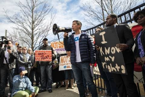 February 18, 2019 - Atlanta, GA, U.S - One hundred demonstrators gathered at the Atlanta field office of U.S. Immigration and Customs Enforcement to protest againt President Trump s declaration of a national emergency in order to fund a wall along the U.S. Mexico border. The protest was part of a nationwide series of protests organized by MoveOn.org, and was locally supported by organizations such as the Georgia Alliance for Social Justice, the ACLU, and Project South. Atlanta U.S. - ZUMAe86_ 20190218_zap_e86_002 Copyright: xStevexEberhardtx