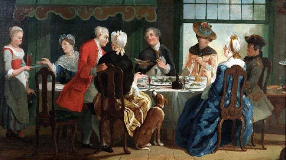 Company at the table, entitled De Baarspartij , in gilded list, painting visual material oil paint linen wood pÃ¢te gold leaf, name) Company at the table fish meal the Baarspartij ; rectangular lying format in gilded frame (style Empire). Departure (establishment circa 1740) with eight people: maid with tray and jug, seven people at the table: four ladies and three gentlemen (one standing) dressed according to the fashion of about 1780; at the head of the table distinguished black man Interior: floor of wooden parts chairs table with tablecloth and side table with open sliding window in the background; bedstead or fireplace with trap (lambrequin motif). On the table plates and dishes with blue decoration on which fish (perch); cutlery wine glasses (red wine) and wine bottles For the table dog Very colorful food habits habits costume his  Copyright: LCR_181128_09036