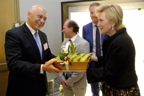 Javier Trujillo Arriaga of Senasica presents a basket of pears to Princess Astrid of Belgium pictured during Promotion Event called Belgian Pears in Mexico, on the second day of a Belgian economic mission to Mexico, Monday 18 February 2019. Several federal and regional ministers accompany the princess on an economic mission to Mexico from 17 to 24 February.  ERICxLALMAND 05533585