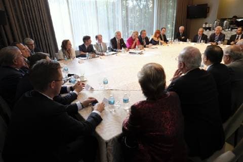 Flemish Minister of Employment, Economy, Innovation, Science Policy and Sports Philippe Muyters, Vice-Prime Minister and Minister of Employment, Economy, Consumer Affairs and equal chances Kris Peeters, Princess Astrid of Belgium and Walloon vice-minister president and minister of Economy, Employment and Formation Pierre-Yves Jeholet pictured during an official meeting with Mexico Minister of communications and transportation, on the second day of a Belgian economic mission to Mexico, Monday 18 February 2019. Several federal and regional ministers accompany the princess on an economic mission to Mexico from 17 to 24 February. ERICxLALMAND 05533562