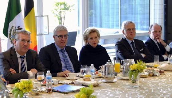 Walloon vice-minister president and minister of Economy, Employment and Formation Pierre-Yves Jeholet, FEB - VBO CEO Pieter Timmermans, Princess Astrid of Belgium, Vice-Prime Minister and Minister of Employment, Economy, Consumer Affairs and equal chances Kris Peeters and Flemish Minister of Employment, Economy, Innovation, Science Policy and Sports Philippe Muyters pictured during a breakfast at the start of the third day of a Belgian economic mission to Mexico, Tuesday 19 February 2019. Several federal and regional ministers accompany the princess on an economic mission to Mexico from 17 to 24 February. ERICxLALMAND 05533908