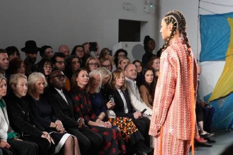 . 19 02 2019. London, United Kingdom. The Duchess of Cornwall in the front row at the Bethany Williams show at London Fashion Week for Autumn Winter 2019 .  xStephenxLockx xi-Imagesx IIM-19308-0005